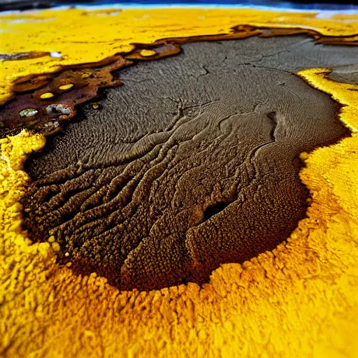 Image similar to a yellow and brown bacterial mat at a yellowstone hotspring, macro photography, extremely detailed, small features, bumps, craters, follicles, high contrast, bright yellow, dull brown