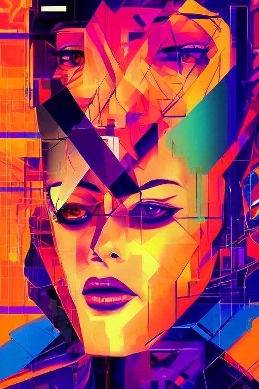 Image similar to portrait, digital painting, an beautiful, crazy hacker girl, lost in code, synthwave, glitch!!, fractured reality, realistic, hyperdetailed, golden hour, concept art, art by syd mead, cubism