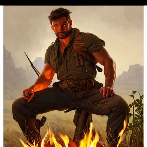 Prompt: Rugged male ranger relaxing by the fire, relaxed, D&D, muscular, upper body, fantasy, intricate, elegant, highly detailed, digital painting, artstation, concept art, smooth, sharp focus, illustration, art by artgerm and greg rutkowski and alphonse mucha