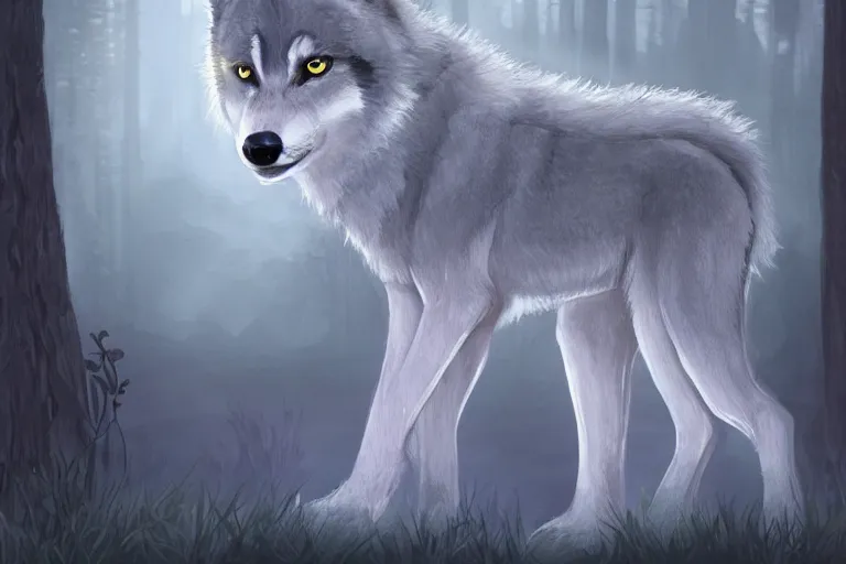 Image similar to a baby grey wolf in a dark forest, highly detailed, digital art, trending on artstation, backlighting, by kawacy, by ken sugimori, fan art