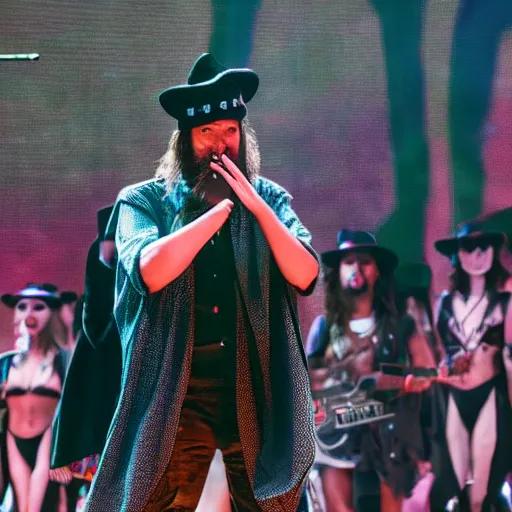 Prompt: Wizard performing magic spells on stage at Coachella 2022, concert photography, award winning