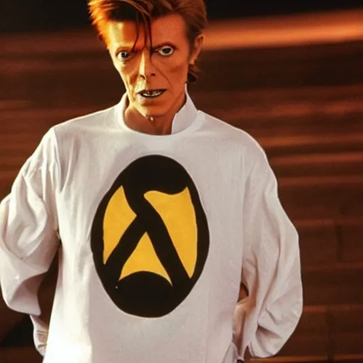 Image similar to david bowie wearing a yin - yang daoism dao symbol shirt, tarkofsky style