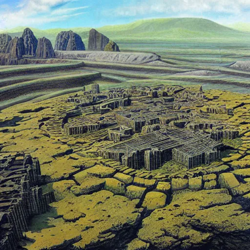 Prompt: an oblique aerial view of a fantasy city inside a volcanic caldera. the buildings are made of basalt and granite blocks. the caldera is surrounded by shrubland. painting by ted nasmith, earl norem, bob larkin.