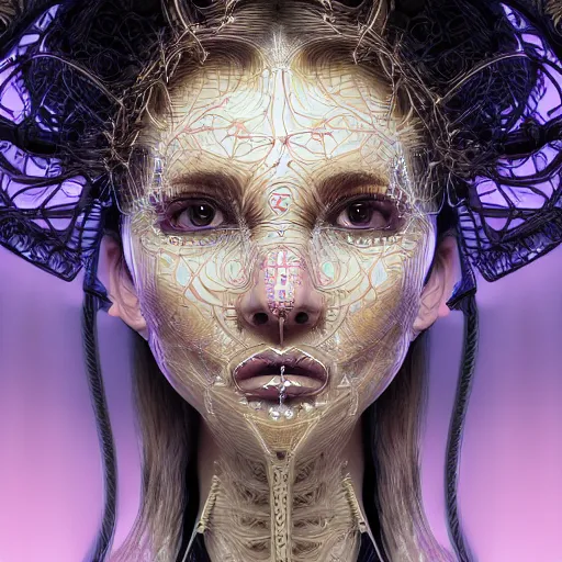 Prompt: very beautiful woman integrating with technology, full face frontal centered, portrait, insipiring, detailed intricate symmetrical ornate neon cables connected to head, very detailed eyes, clear lips, luxurious detailed abundent wiring and implants, porcelain, fractal, renaissance, sci - fi, dramatic lighting, photography, highly detailed, artstation, 8 k, by chie yoshii