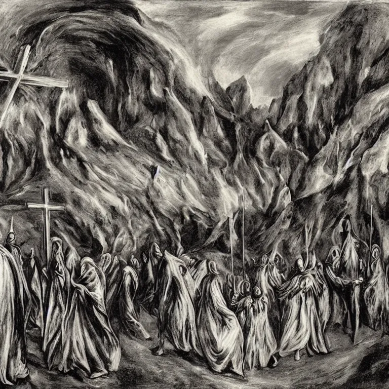 Prompt: A Holy Week procession of grim reapers in a lush Spanish landscape at night. A hooded figure at the front holds a cross. El Greco, Remedios Varo, Salvador Dalí, Carl Gustav Carus, Edward Hopper.