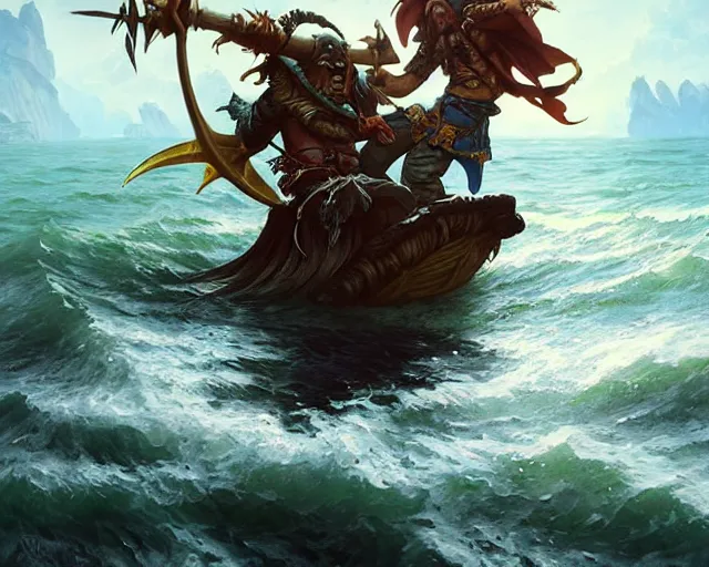 Image similar to pirate fighting a sea monster, deep focus, d & d, fantasy, intricate, elegant, highly detailed, digital painting, artstation, concept art, matte, sharp focus, illustration, hearthstone, art by artgerm and greg rutkowski and alphonse mucha