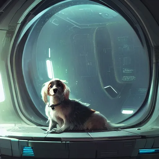 Prompt: little dog inside a hypersleep pod inside a cyberpunk spaceship, very realistic, greg rutkowski, caspar david friedrich, smooth, illustration, elegant, artstation, digital painting