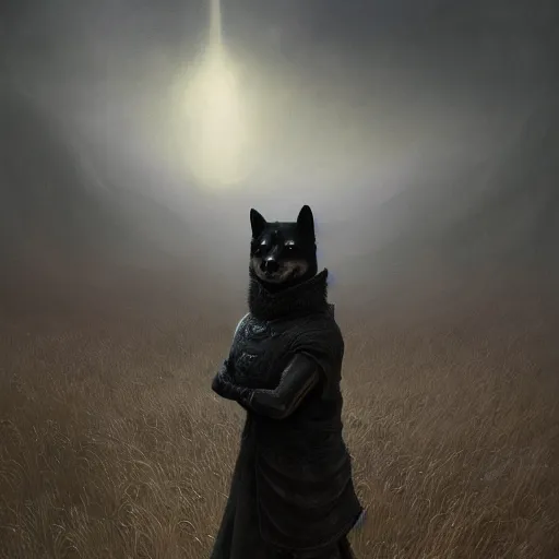 Image similar to bone armor black armor, anthropomorphic shiba inu, shiba inu face, stuning 3 d render, masterpiece, glowing black aura, foggy dark graveyard, by donato giancola and greg rutkowski and wayne barlow and zdzisław beksinski, realistic face