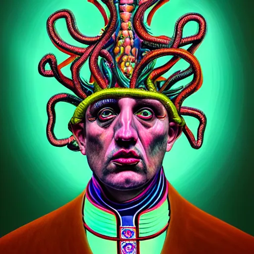 Prompt: an extremely psychedelic portrait of the pope as medusa, surreal, lsd, face, detailed, intricate, elegant, lithe, highly detailed, digital painting, artstation, concept art, smooth, sharp focus, illustration