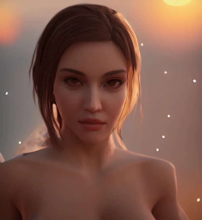 Image similar to centered waist up portrait of an angel, bokeh + DOF + 8k, photorealistic + rendered in unreal engine + ultra realistic + backlit + strong rimlight, sunset + HDRI, HD, Photoreal , trending on artstation