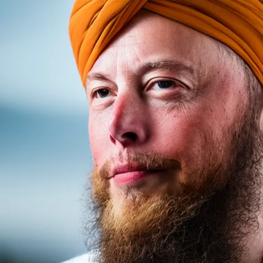 Image similar to a portrait elon musk wearing a long beard and a turban joining the taliban, fine details, close up, 8 k photography, depth of field, bokeh. i