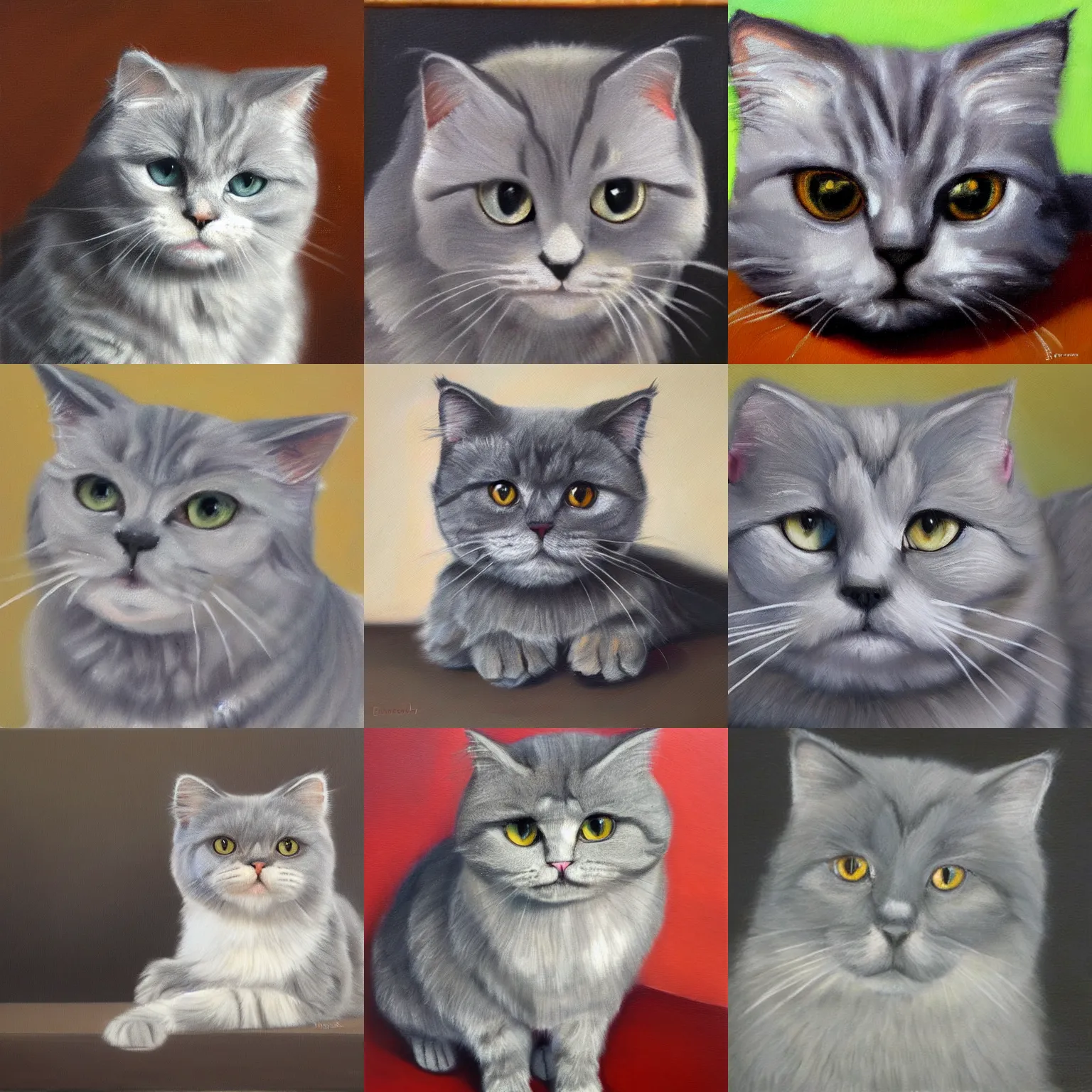 Prompt: a gray scottish fold cat, grey fur, oil painting