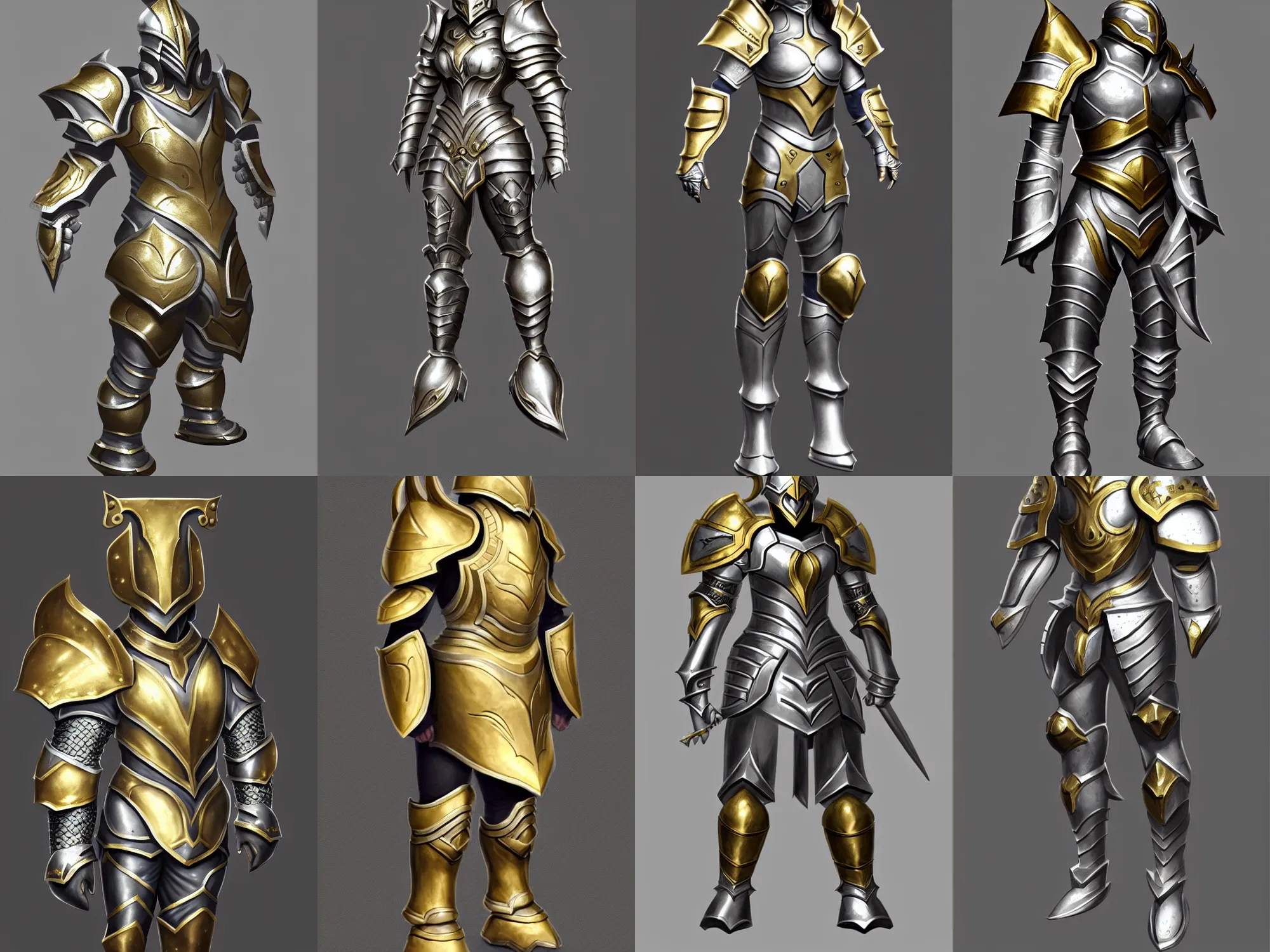 Prompt: heavy fantasy armor, silver with gold trim, extremely polished, exaggerated proportions, trending on polycount, fantasy character portrait, professional concept art, front view, A-pose, full body
