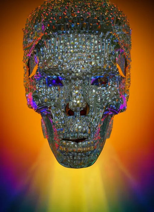 Image similar to photo of baroque and bladerunner delicate neon diamond sculpture of ceramic albino king diego barrueco seductive delicious lip licking, creamy orange iridescent humanoid deity wearing white fluffy hoody holding diamond skull in a black metallic dungeon, reclining, glowing rainbow face, crown of white diamonds, cinematic lighting, photorealistic, octane render 8 k depth of field 3 d