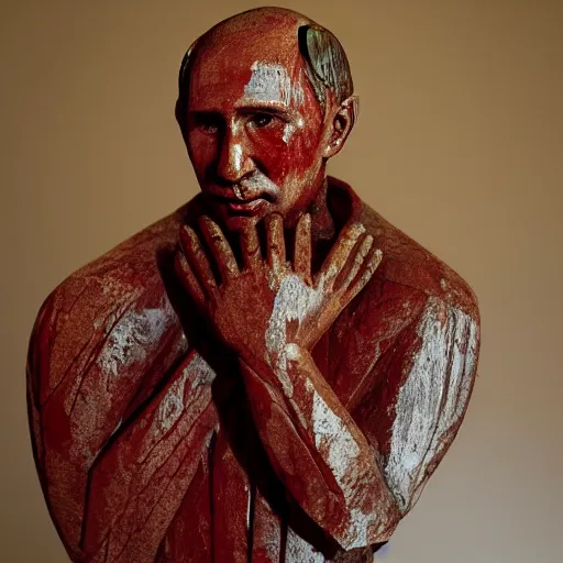 Image similar to carved sculpture of putin, stained with blood, photo as shot by steve mccurry