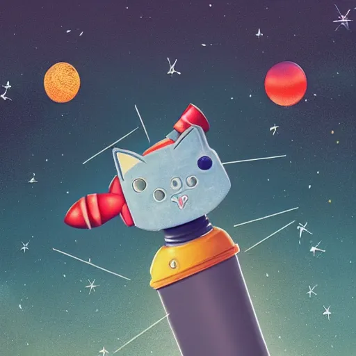 Image similar to a robot cat sitting in a tiny rocket among the stars with a little fish toy in its mouth