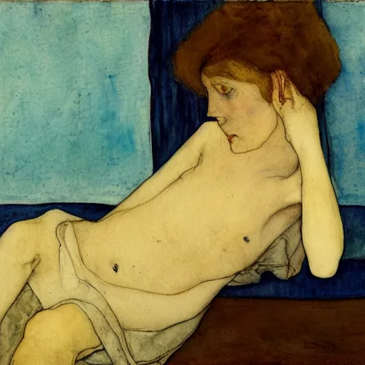 Image similar to close up of a girl in a blue and gold haunted liminal abandoned room, watercolor by schiele, by hammershøi, art noveau, highly detailed, lights by edward hopper, liminal, eerie, bright pastel colors