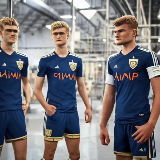 Image similar to a realistic detailed photo of a guy who is an attractive humanoid who is half robot and half humanoid, who is a male android, soccer players martin ødegaard & timo werner, shiny skin, posing like a statue, blank stare, in a factory, on display, showing off his muscles, gold soccer shorts, side view, looking at each other mindlessly