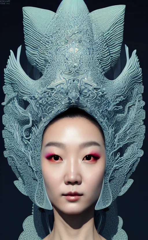 Image similar to 3 d goddess close - up profile portrait. beautiful intricate highly detailed korean gumiho mask and traditional korean hanbok. stingray, magpie, bio luminescent, plasma, lava, ice, water, wind, creature, artwork by tooth wu and wlop and beeple and greg rutkowski, cgsociety,