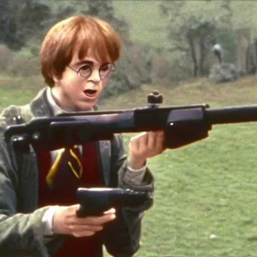 Prompt: harry potter aiming down the sights of an m 1 6 rifle, movie still frame