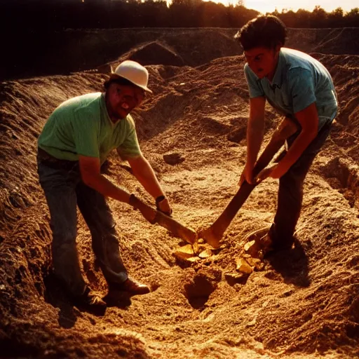 Prompt: happy archaeologists find large amounts of gold during excavation, Kodak porta 400 film stock, 50mm f1.4, sunset