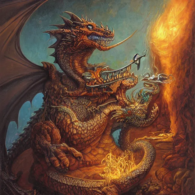 Image similar to artwork by Justin Gerard and Jeff Easley showing a dragon sitting on a volkano smoking his pipe