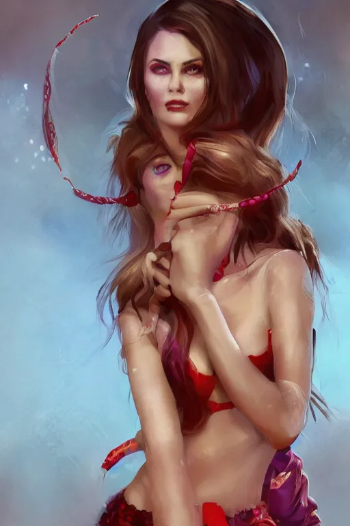 Image similar to mix of beautiful young maria shriver, mariel hemmingway, brooke shields, nicole kidman and elle macpherson as a snake girl with fangs, thin lips, hair tied up in a pony tail, dark blonde hair, colorful, artstation, cgsociety