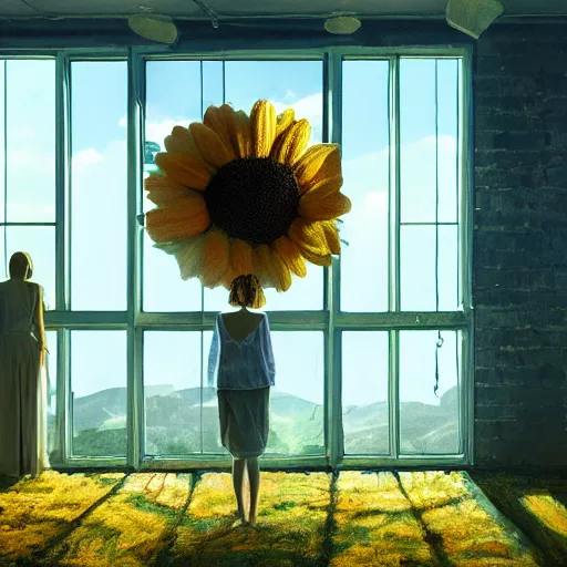 Prompt: giant daisy flower head, woman standing next to modern window in luxury loft, surreal photography, sunlight, impressionist painting, digital painting, artstation, simon stalenhag