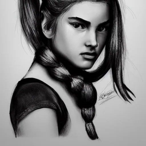 Image similar to 8 k hight resolution detailed charcoal drawing, a girl with ponytails, beautiful hd nouveau concept art colourful artwork, in the style of damian tirado