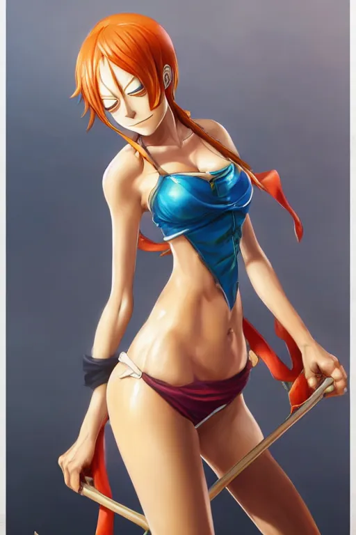 Image similar to Nami from One Piece, anatomy, only two hands, highly detailed, digital painting, artstation, concept art, smooth, sharp focus, illustration, Unreal Engine 5, 8K, art by art by artgerm and greg rutkowski and edgar maxence