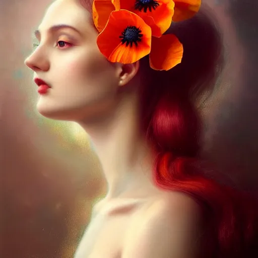 Image similar to portrait of a gorgeous young poppy queen, uniquely beautiful, surreal, fantasy, ornamental, intricate, elegant, dramatic lighting, emotionally evoking symbolic metaphor, highly detailed, lifelike, photorealistic, digital painting, artstation, concept art, smooth, sharp focus, illustration, art by John Collier and Krenz Cushart and Artem Demura and Alphonse Mucha and Albert Aublet