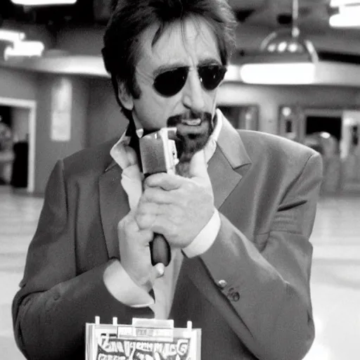 Prompt: Realistic photo of Al Pacino in Scarface, holding a Nerf Gun, standing inside a Chuck E. Cheese