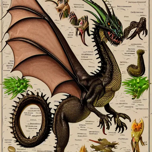 Image similar to an illustrated field guide to european dragons showing examples of males and females of each spicies, biological illustrations, art by john james audubon robert stebbins and terryl whitlatch and david sibley and charles darwin, highly detailed, intricately detailed, 8 k, trending on artstation