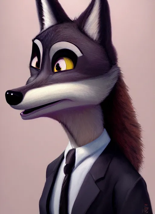 Image similar to oil painting of anthromorphic female wolf, in style of zootopia, female fursona, furry, furaffinity, 4 k, deviantart, furry art, fursona art, wearing black business suit, business suit, wolf fursona, female, very expressive detailed feminine face,