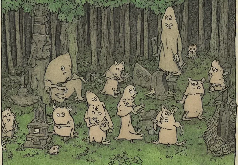 Image similar to possums dressed like a monk at a scary medieval cemetery in the middle of the forest at night, isometrical, highly detailed, by Maurice Sendak, colorized