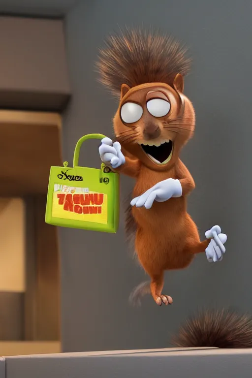 Image similar to crazy squirrel robbing a bank. pixar disney 4 k 3 d render funny animation movie oscar winning trending on artststion and behance. oscar award winning.