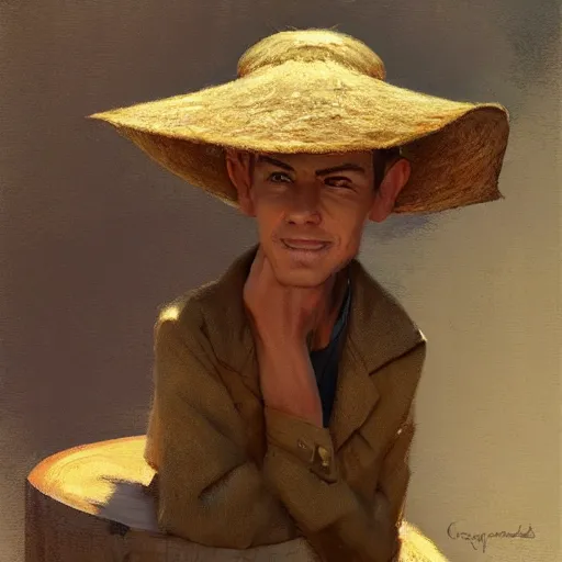 Image similar to just a hay hat in a wooden table. by Craig mullins, Steve Purcell, Ralph McQuarrie. Trending on artstation. Centered image