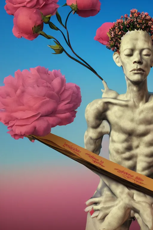 Image similar to milky quartz statue of a beautiful basquiat wearing a crown full of peach roses and reaching to the sky. rococo style scroll ribbon wirling across the sky, papyrus, background heavenly sky, marble, Trending on artstation. halo. octane render, cinematic, hyper realism, octane render, 8k, depth of field, 3D