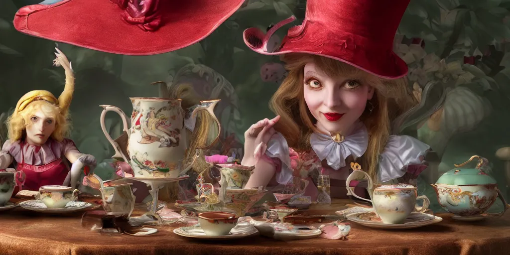 Prompt: an insanely intricate detailed beautifull 3 d render of alice in wonderland tea with mad hat, unreal engine, octane render, redshift, 8 k resolution, cell shaded rendering, soft dramatic lighting, cinematic, subsurface scattering, anti aliashing, by disney