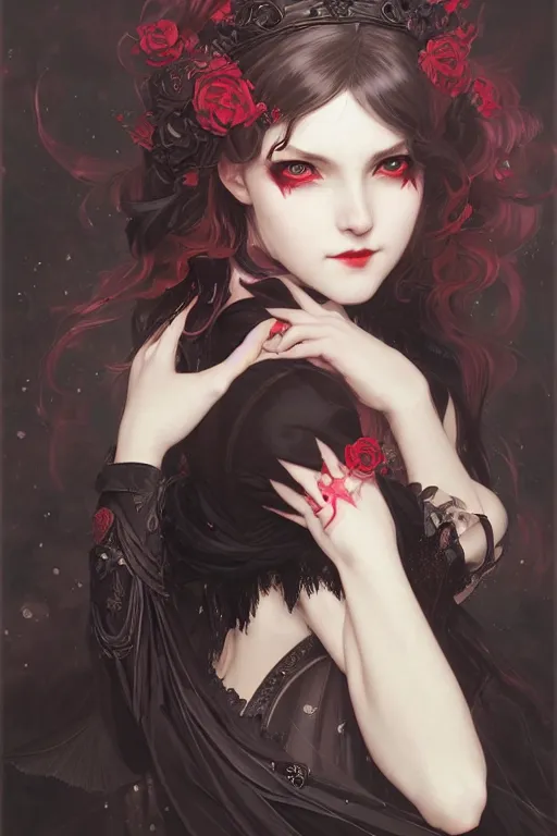 Prompt: portrait of radical lolita girl, dreamy and ethereal, red eyes, smiling expression, ornate goth dress, dark fantasy, chaotic, elegant, black crows flying, highly detailed, digital painting, artstation, concept art, smooth, sharp focus, illustration, art by artgerm and greg rutkowski and alphonse mucha