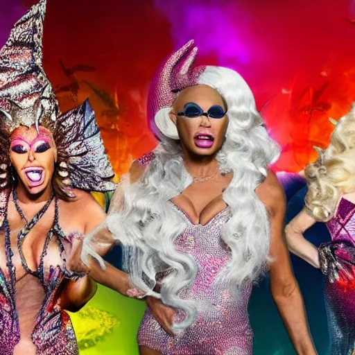 Image similar to rupaul's dragon race, television still, fantasy reality show, dragons, drag queens