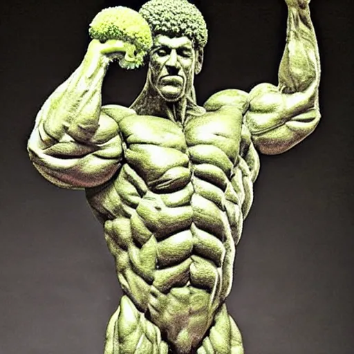 Image similar to sculpture of a bodybuilder made entirely from fresh broccoli by antoni gaudi