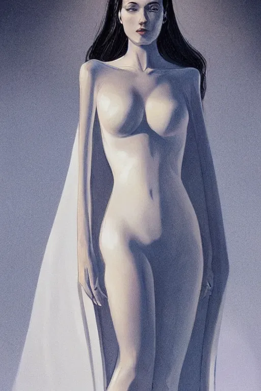 Image similar to detailed beautiful noun in opened white gold blue coat, seductive confident pose, attractive feminine curves, intricate details, futuristic, alien, elegant cape, elegant, photorealism, trending on artstation, holy halo, advanced technology, art by moebius and vitaly bulgarov and chanthara