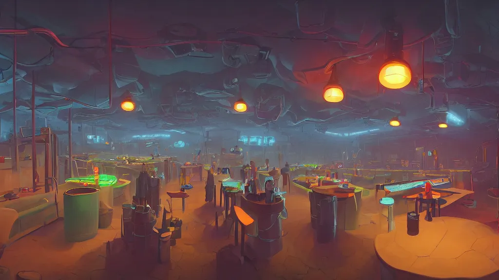 Prompt: digital painting of an underground VR bar, by simon stålenhag, trending on artstation