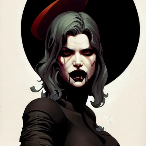 Image similar to rafael albuquerque comic art, peter mohrbacher, steve niles, artgerm, pretty mary elizabeth winstead witch sharp vampire teeth open mouth, black dress, symmetrical eyes, long blonde hair