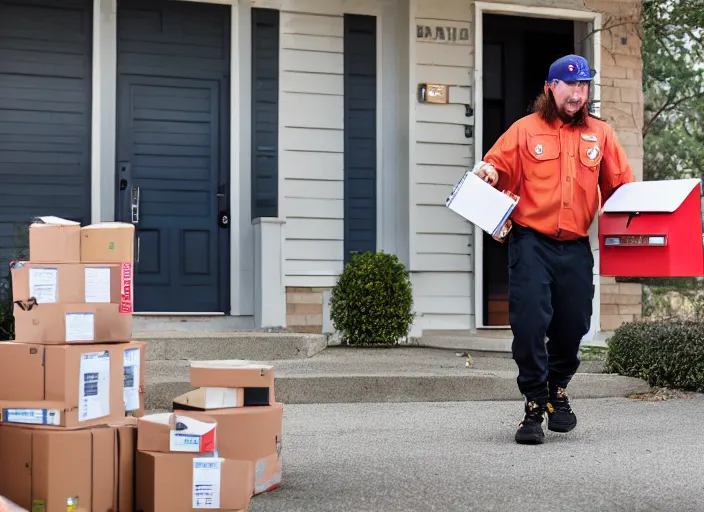 Image similar to dslr photo still of post malone as a postal worker mailman putting letters in mailbox and delivering packages to door, 8 k, 8 5 mm f 1 6