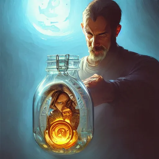 Image similar to man holding he's soul in a jar portrait, backlight, rim lighting, deep focus, d & d, fantasy, intricate, elegant, highly detailed, digital painting, artstation, concept art, matte, centered, sharp focus, illustration, hearthstone, art by artgerm, greg rutkowski and alphonse mucha