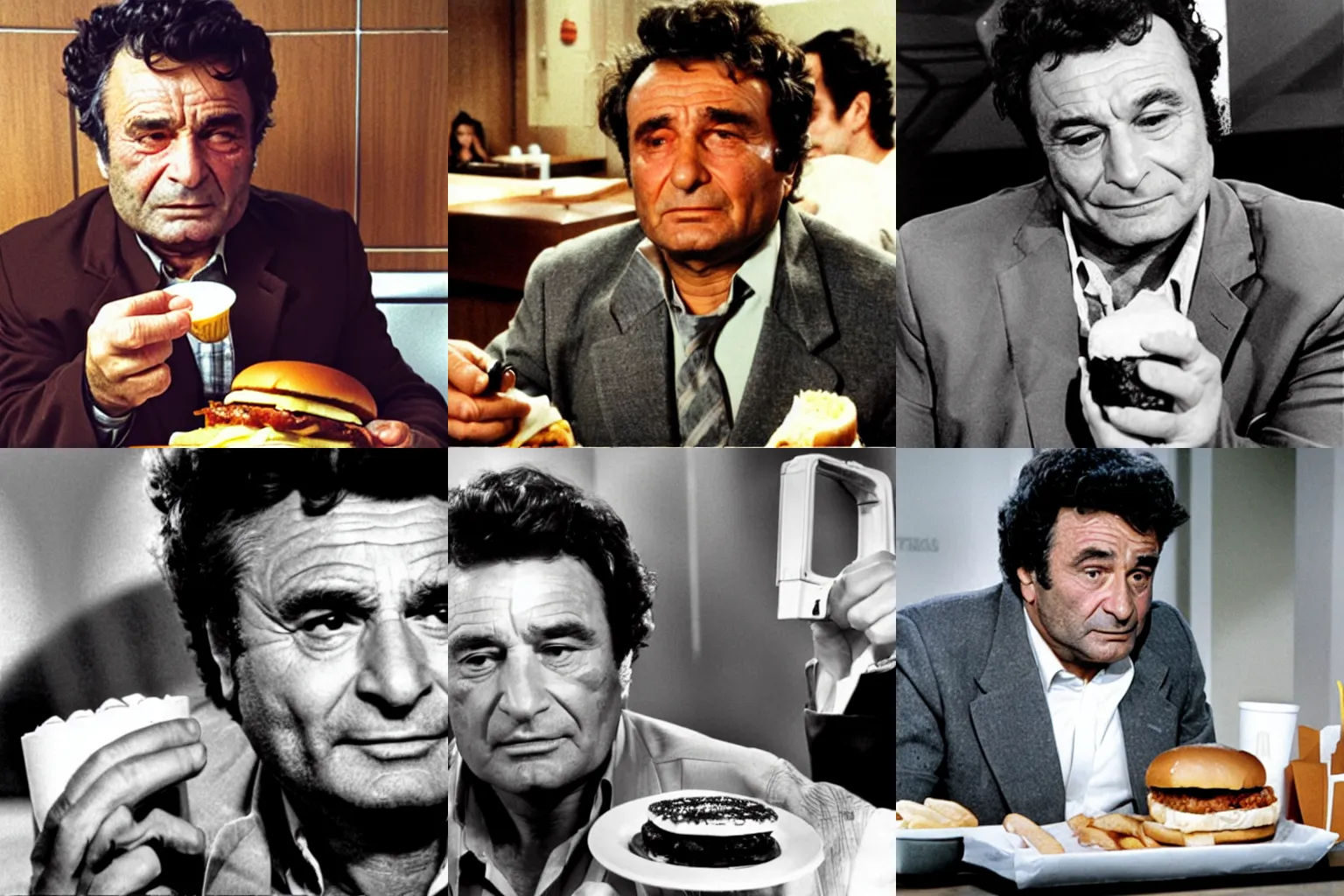 Prompt: Peter falk eating a McDonalds cheeseburger as Detective Columbo