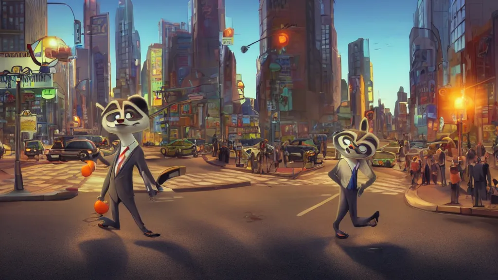 Prompt: An anthropomorphic raccoon businessman is walking down a busy crosswalk at sunset, warm lighting with an orange glow blanketing the cityscape, zootopia, other anthropomorphic characters are walking by him, extremely detailed, HDR, sideview, dramatic