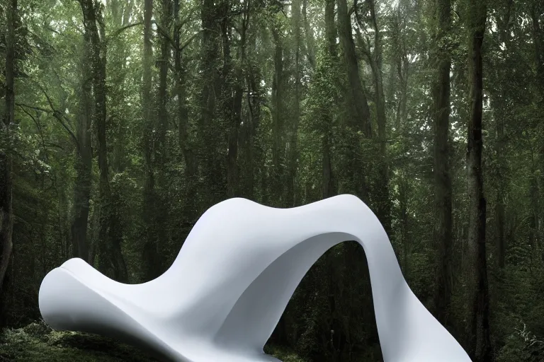 Image similar to a white sculpture designed by Zaha Hadid in a forest, dramatic lighting, trending on Artstation, 8k, photorealistic, hyper detailed, unreal engine 5, IMAX quality, cinematic, epic lighting, in the style of Greg Rutkowski